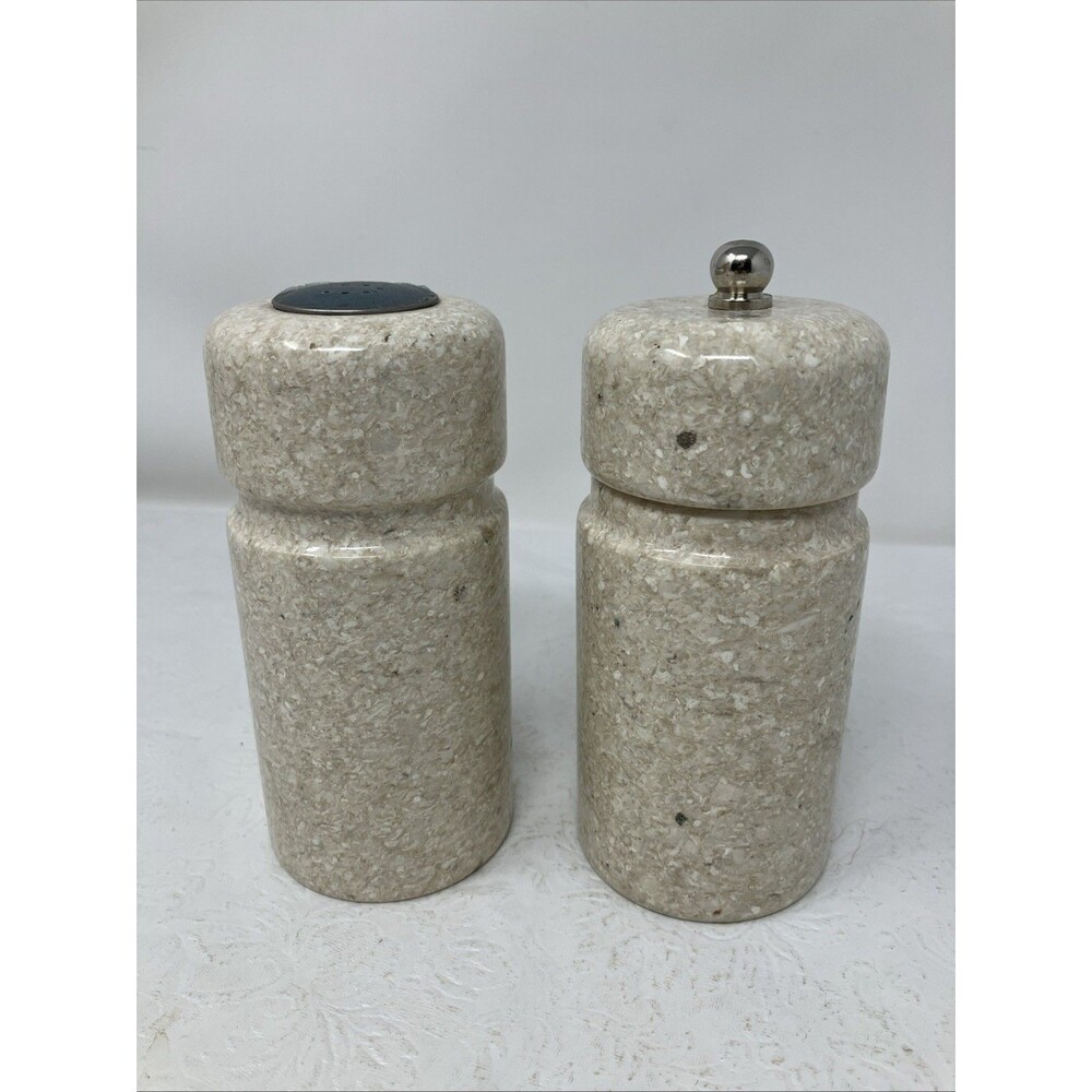 Vintage Beige White Gray Natural Stone Marble Salt Pepper Shakers 5" Tall Pair